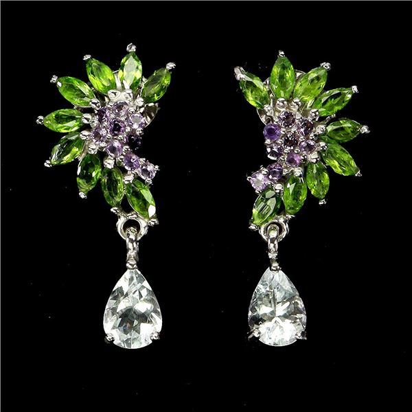 AQUAMARINE, AMETHYST AND CHROME DIOPSIDE EARRINGS IN 14K WHITE PLATED GOLD OVER 925 STERLING SILVER 