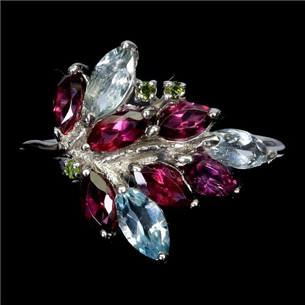 SKY BLUE TOPAZ, RHODOLITE GARNET AND CHROME DIOPSIDE RING IN 14K WHITE PLATED GOLD OVER 925 STERLING