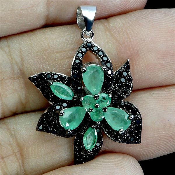 EMERALD AND BLUE SPINEL PENDANT IN 14K WHITE PLATED GOLD OVER 925 STERLING SILVER â€[x=#822