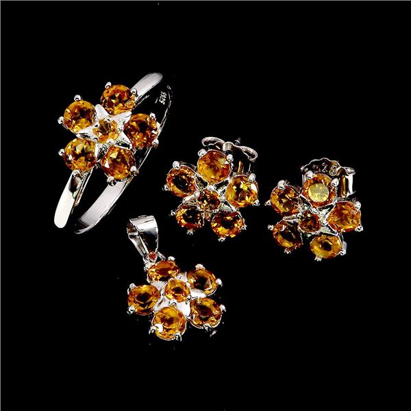CITRINE SET (RING, EARRINGS, PENDANT) IN 14K WHITE PLATED GOLD OVER 925 STERLING SILVER â€[