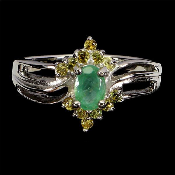 EMERALD AND SAPPHIRE RING IN 14K WHITE PLATED GOLD OVER 925 STERLING SILVER â€“ SI