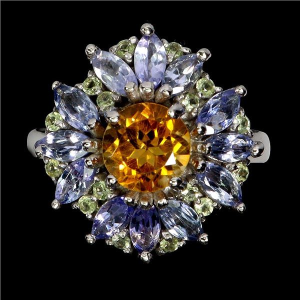 BIG CITRINE, PERIDOT AND TANZANITE RING IN 14K YELLOW PLATED GOLD OVER 925 STERLING SILVER â[x=#8364