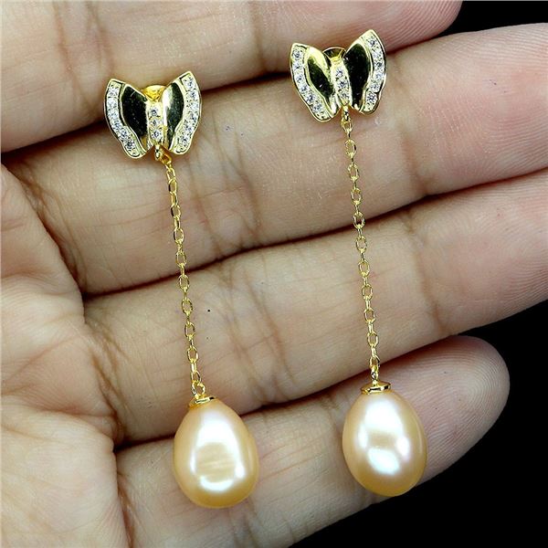 PEACH COLOR DROP PEARL EARRINGS IN 14K YELLOW PLATED GOLD OVER 925 STERLING SILVER â€[x=#82