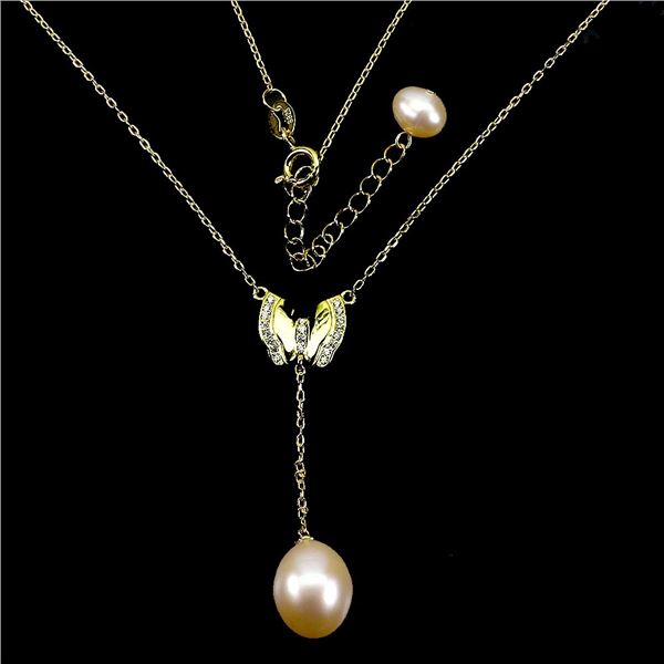 PEACH COLOR DROP PEARL NECKLACE IN 14K YELLOW PLATED GOLD OVER 925 STERLING SILVER â€[x=#82