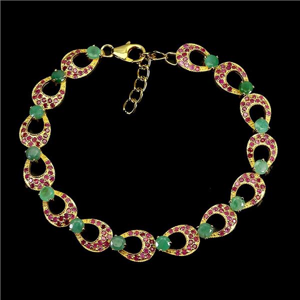 EMERALD AND RUBY BRACELET IN 14K YELLOW PLATED GOLD OVER 925 STERLING SILVER â€“ 8
