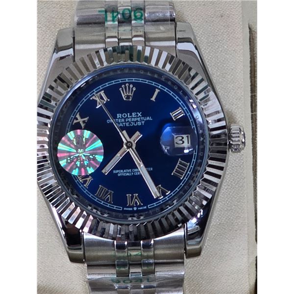FULLY AUTOMATIC ROLEX DATE-JUST HIGH END REPLICA BLUE DIAL, FLUTED BEZEL, ROMAN NUMERALS. STAINLESS 