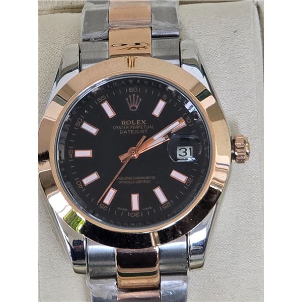 FULLY AUTOMATIC ROLEX DATE-JUST HIGH END REPLICA BLACK DIAL, EVEROSE GOLDEN BEZEL, WHITE INDEXES. ST