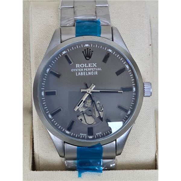 BRAND NEW FULLY AUTOMATIC ROLEX LABEL NOIRE AAA QUALITY REPLICA WATCH, GREY SKELETON DIAL, WITH BLAC