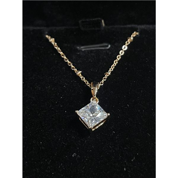 New 18k Gold Plated 2.0ct Princess Cut Simulated Diamond (CZ) Necklace Chain 18" Long w/Case