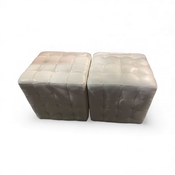 Pair of White Tufted Faux Leather Cube Ottomans, H16" x 15" x 15" Each