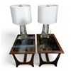 Image 1 : 2 Walnut Glass-top End Tables and 2 Chrome Wire Table Lamps
