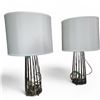 Image 2 : 2 Walnut Glass-top End Tables and 2 Chrome Wire Table Lamps