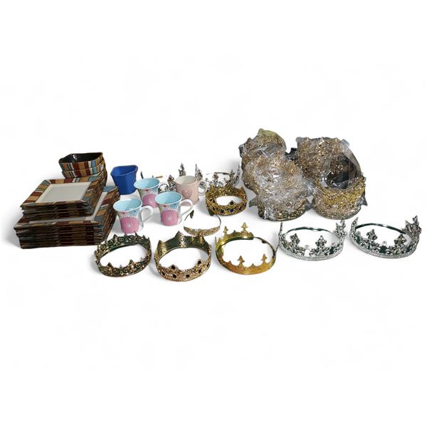 Assorted Party and Decorative Items - Includes Plates, Mugs, and Crowns