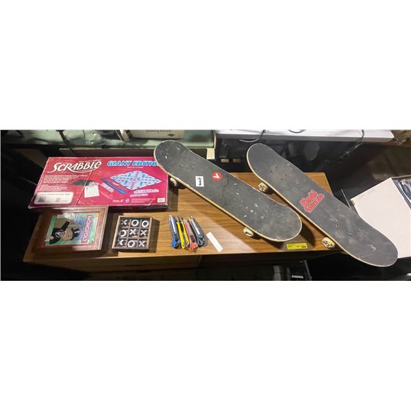 Game and Skateboards Lot: Scrabble, Monopoly, Tic-Tac-Toe