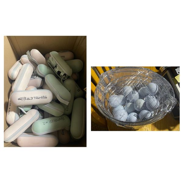 Full Box of Compact Umbrellas and Basket of Golf Balls