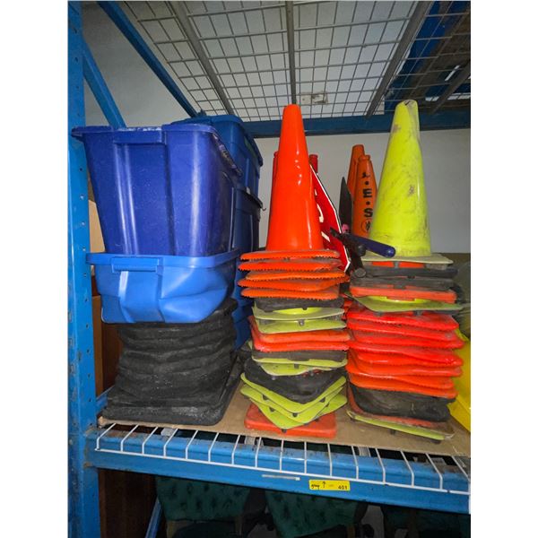 Large Group of Traffic Safety Equipments - Cones, Weights, and Safety Vests