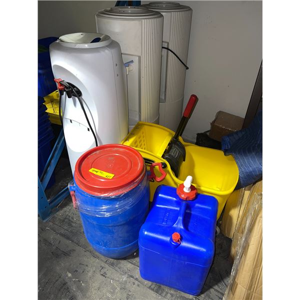 Mixed Lot of Supplies - 3 Water Coolers, Rubbermaid Tandem Buckek, and More