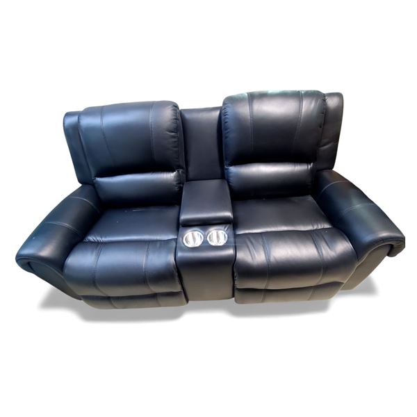 Brand New Black Leather Reclining Loveseat with Cup Holders, Approx. H40" x W73" x D34" - Without Bo