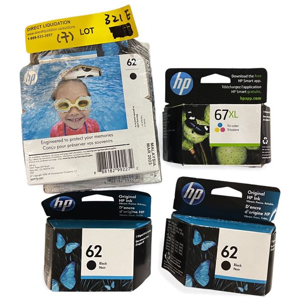 Group of 7 - New HP Ink Cartridges - RV: 210 CAD (6 Boxes 62 Black + 62 Photo + 1 Box 67XL Tri-Color