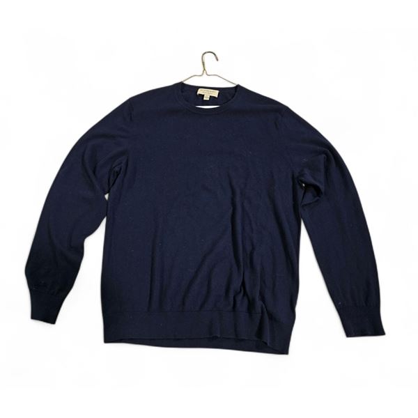 Burberry Navy Wool Sweater - Plaid Elbow Patches (Size L)