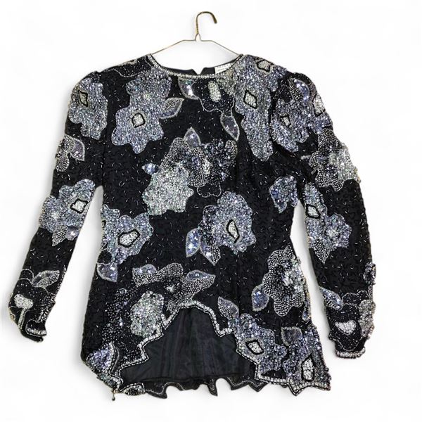 Black Tie - Black Beaded Silk Evening Top - Floral Sequin Detail (Size 8)