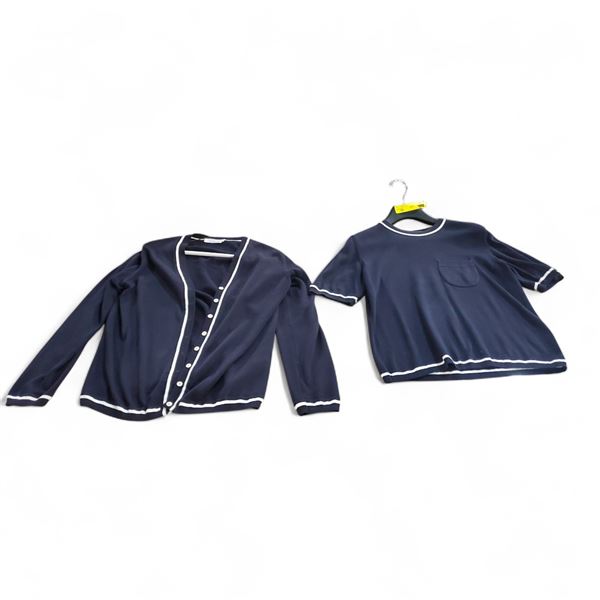 Jaeger Navy Cardigan & Short Sleeve Top - Made in Great Britain (Size Medium)