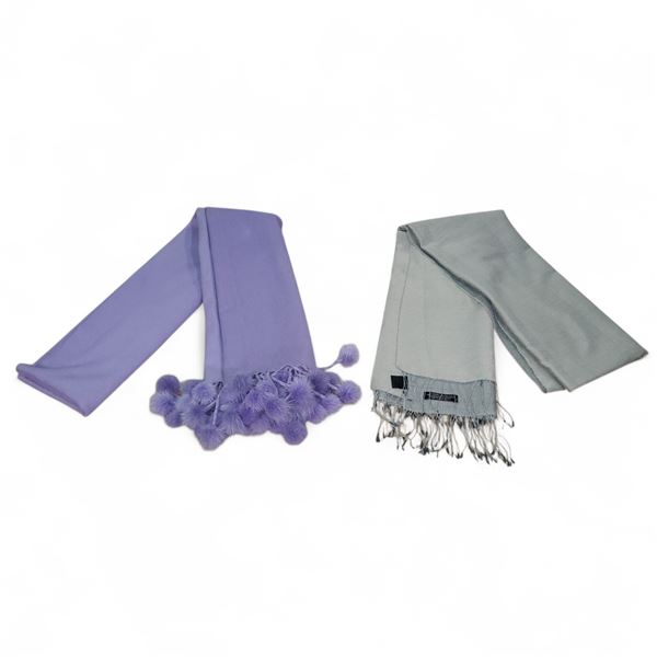 2 Pcs 100% Cashmere Scarves - Lilac Pom-Pom Trim & Grey Fringed