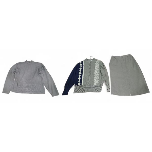 3 Pcs Jaeger & ARA Outfit - Grey Wool Jumper, Navy/Grey Pattern Cardigan & Grey Skirt - Made in Grea