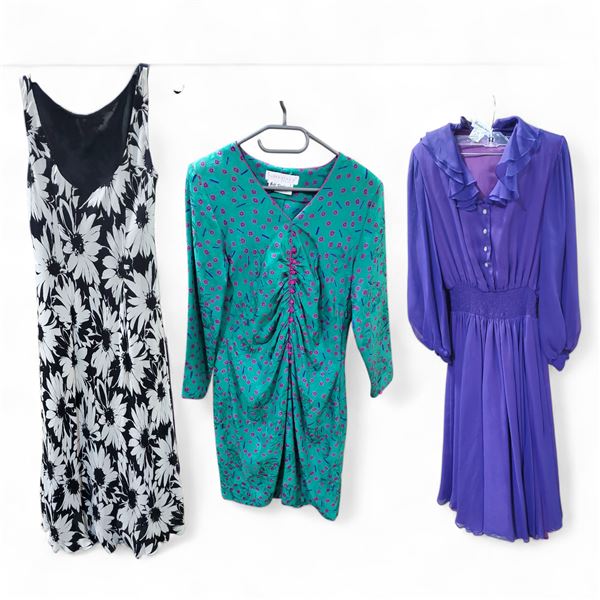 Holt Renfrew Flora Kung II NY 100% Silk Green Ruched Dress, and 2 Floral Dresses