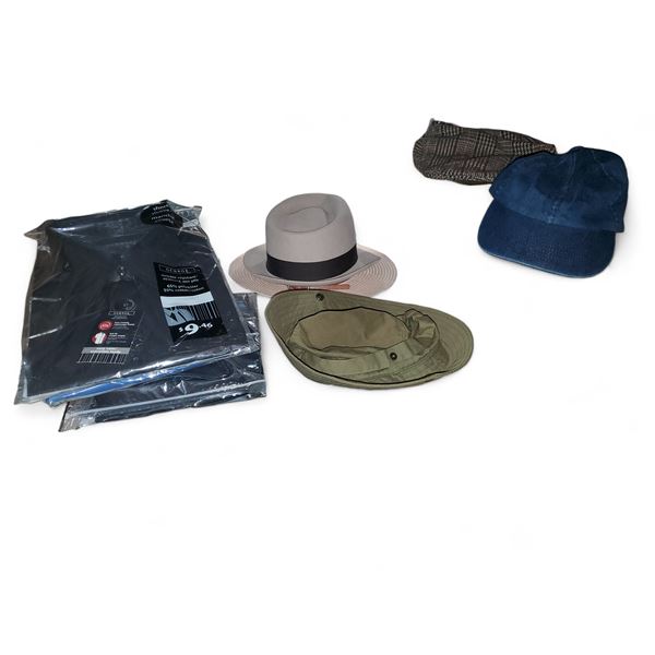 10 Pcs Mixed Men’s Apparel Lot - New Dress Shirts (Packaged), Assorted Hats (Caps, Fedora, 