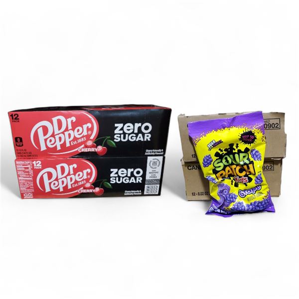 Sour Patch Kids Grape Gummy Candy - 2 x 12-Bag Case (Best Before Sept 30, 2025) and Dr Pepper Cherry