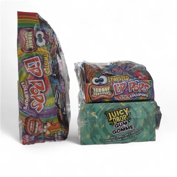 Juicy Drop Gum 16-Pack (Best Before Feb 25, 2025) and Twisted Lip Pops Lollipops, 2 x 12-Pack