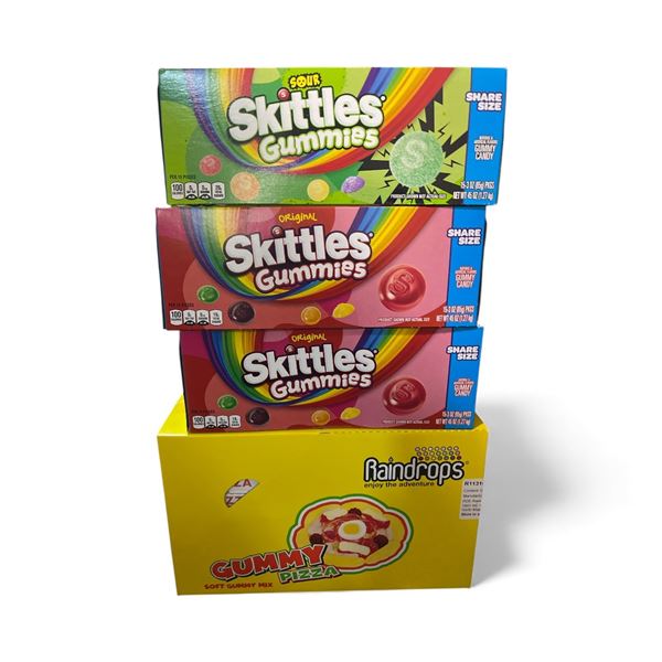 Skittles Original & Sour Gummies 3 x 15-Pack (Best Before Dec 2025) and 1 Case Raindrops Gummy Pizza