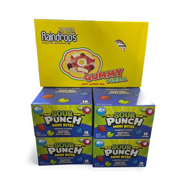 Sour Punch Mini Bites 4 x 18-Pack (Best Before 11/2025) and 1 Case (18-Pack) Raindrops Gummy Pizza C