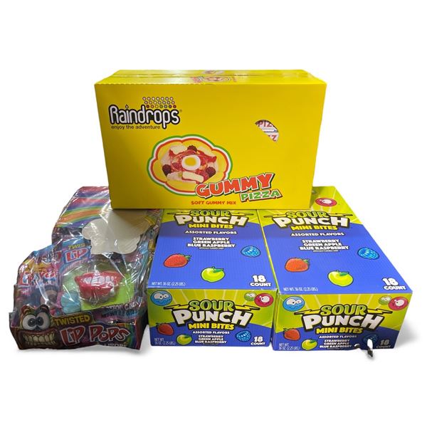 Sour Punch Mini Bites 2 x 18 Packs (Best BEfore Dec 2, 2025), Raindrops Gummy Pizza Case 18 Packs (B