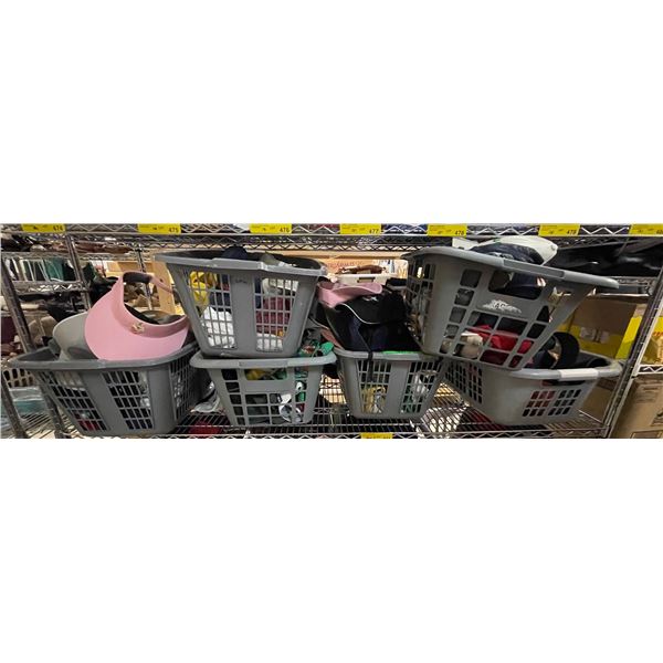 6 Baskets of Assorted Hats and Caps Includes Sun Hats, Baseball Caps, and More