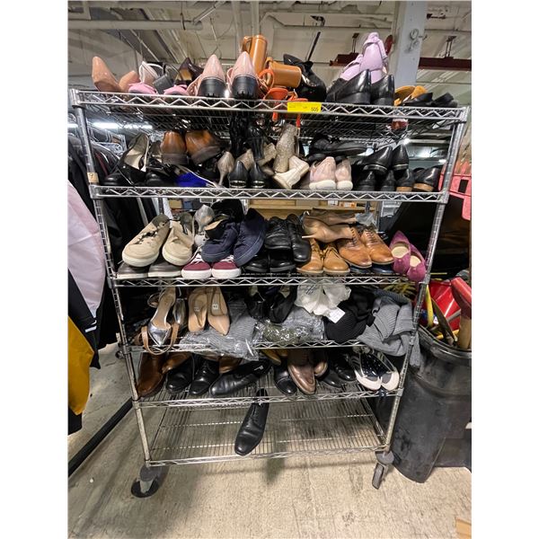 5 Shelves of Assorted Footwear - Mixed Shoes, Heels, and Sneakers (Various Sizes)