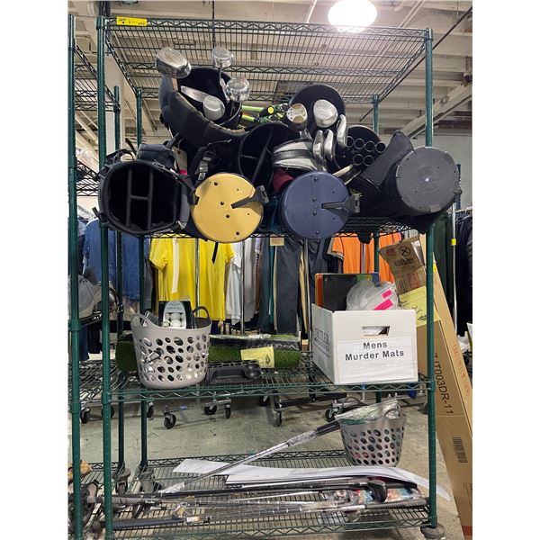 Assorted Sports Equipment Includes Golf Clubs, Balls, and Accessories