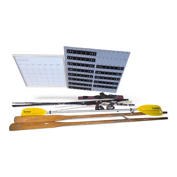 Outdoor Sports Equipment Bundle: Fishing Rods, Paddles, and Dry Erase Board