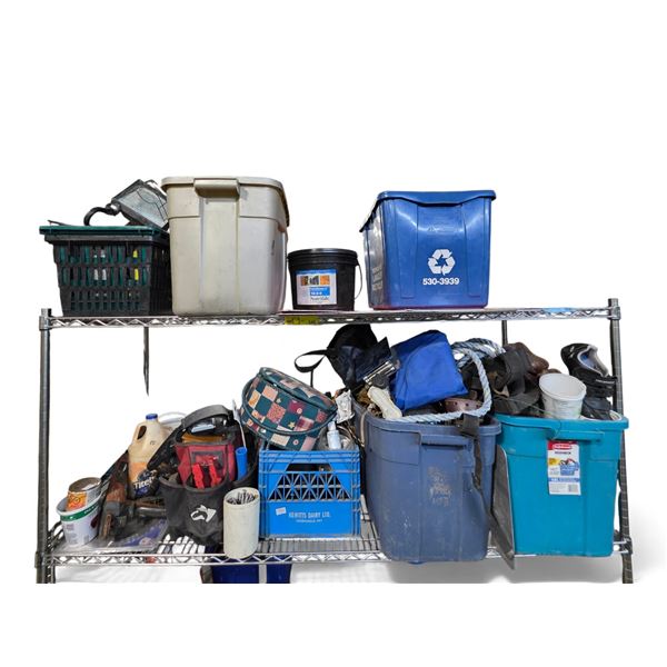 2 Shelves of Misc Hand Tools, Adhesives, Supplies, and More