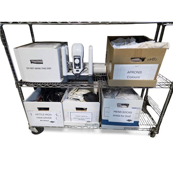 Assorted Household Items: Maxx Shoe Drying Machine, Hair Dryer, Aprons, Knee Pads, and More