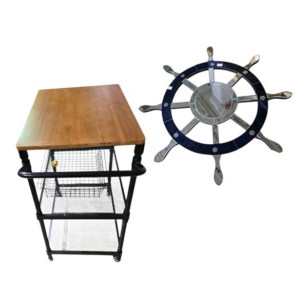 Wooden Top Cart Storage (H36" x L27" x W18") and Ship Wheel Mirror (Dia 31")