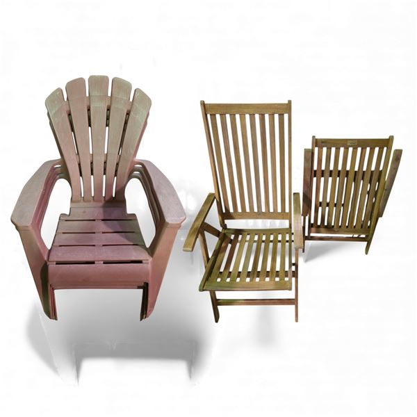 3 Plastic Adirondack Chair and 2 Wooden Folding Chairs