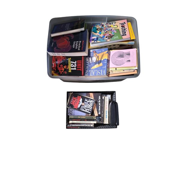 Suitcase with QuadraTherm Sleeping Sheet and 2 Bins of Books