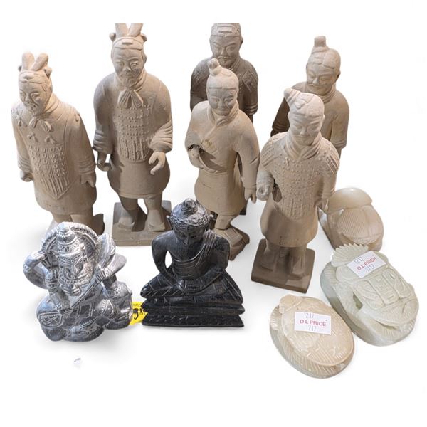 13 Pcs Stone Statues Items - Warrior Statues, Buddha, and More