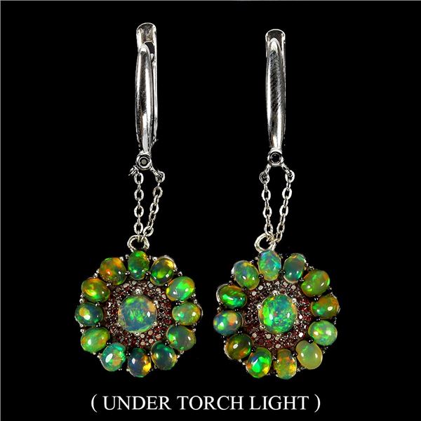 FIRE OPAL EARRINGS IN 14K WHITE PLATED GOLD OVER 925 STERLING SILVER - APPRAISED REPLACEMENT VALUE $