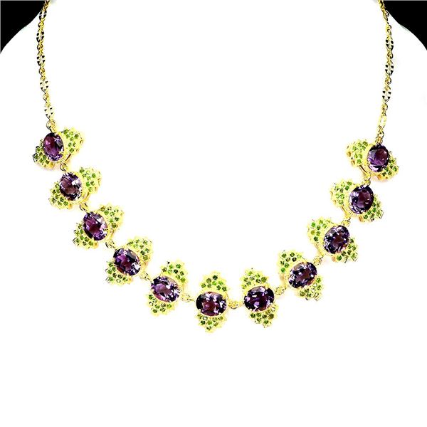AMETHYST AND CHROME DIOPSIDE NECKLACE IN 14K YELLOW PLATED GOLD OVER 925 STERLING SILVER - 18 INCHES