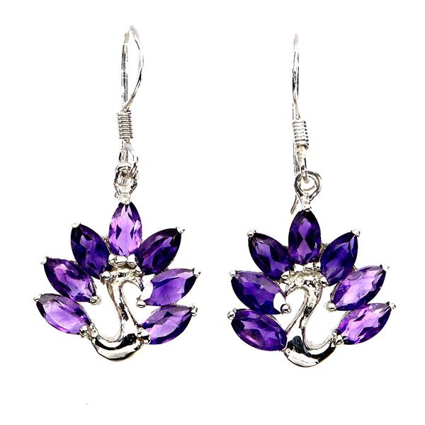 AMETHYST PEACOCK SHAPED EARRINGS IN 14K WHITE PLATED GOLD OVER 925 STERLING SILVER - APPRAISED REPLA