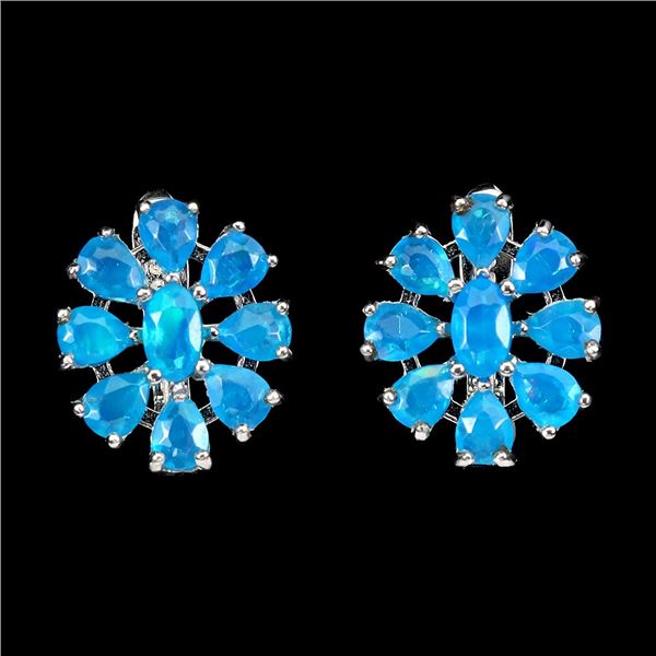 BLUE OPAL EARRINGS IN 14K WHITE PLATED GOLD OVER 925 STERLING SILVER - APPRAISED REPLACEMENT VALUE $