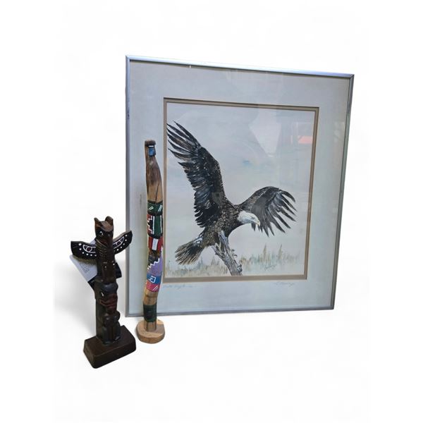 "Bald Eagle" Watercolor Artwork (1984, 18"x16") with Two Totem Poles (8.5" & 12")